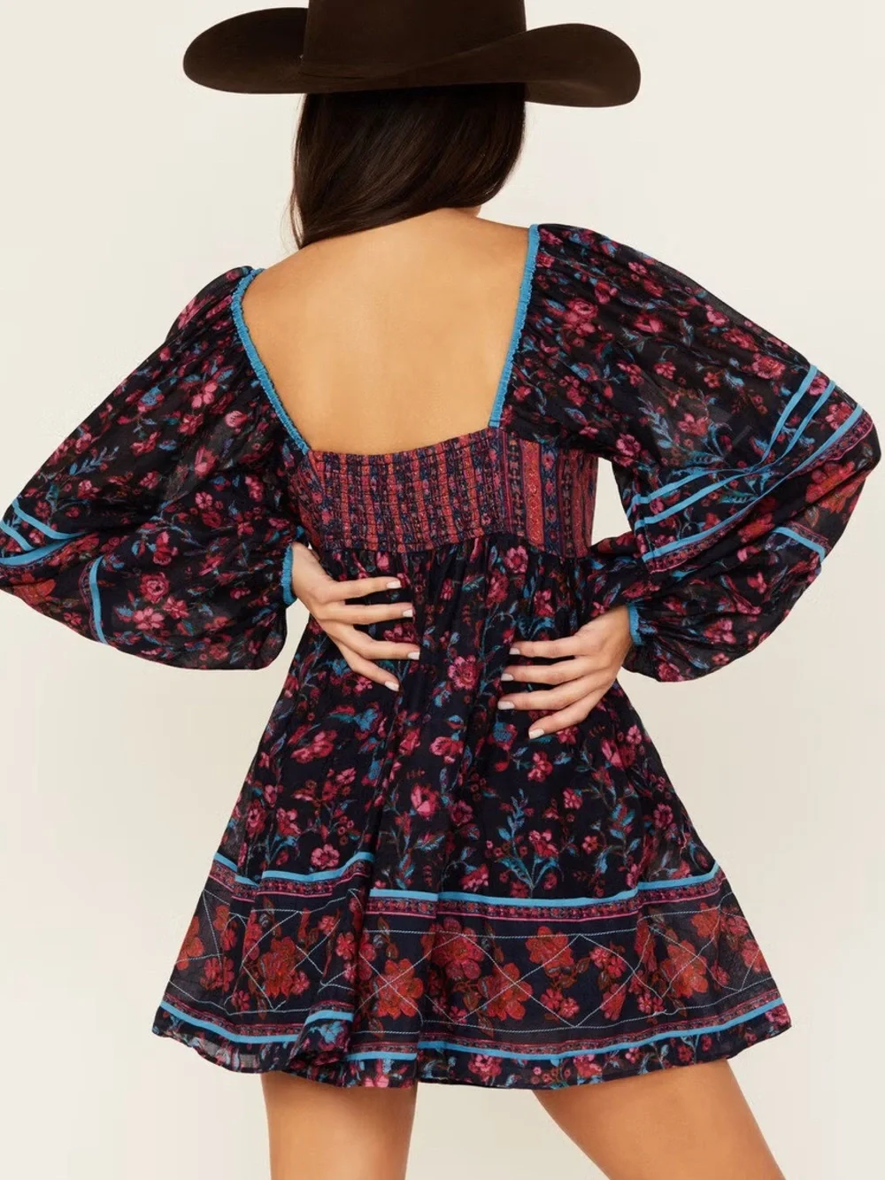 Free People Floral Square-Neck Mini Dress in Navy and Pink